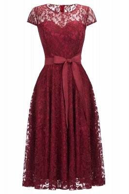 Burgundy Lace Short Sleeves A-line Dresses with Bow_3