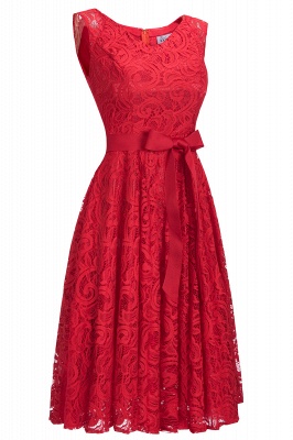 Simple Sleeveless A-line Red Lace Dresses with Ribbon Bow_10