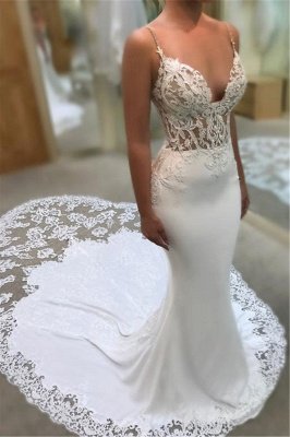 Mermaid Spaghetti Straps Sexy  Bridal Gowns | Sleeveless Appliques Lace Court Train Wedding Dresses_1
