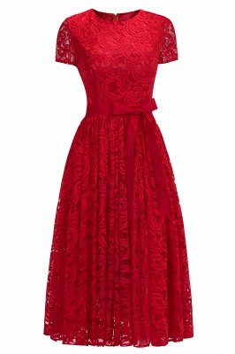 Short Sleeves Seath Red Lace Dresses with Ribbon Bow_1