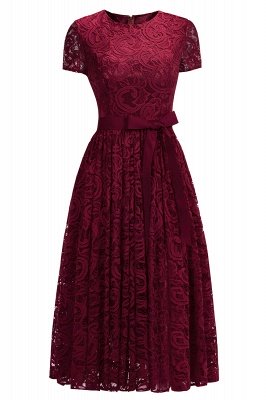 Short Sleeves Seath Red Lace Dresses with Ribbon Bow_2