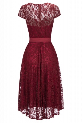 Burgundy Lace Short Sleeves A-line Dresses with Bow_4