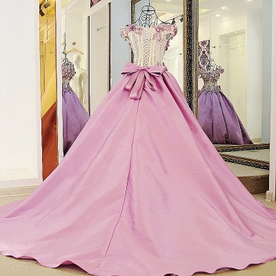 Lace Court Train A-Line Ball Gown Applique Bow Evening Dresses_3