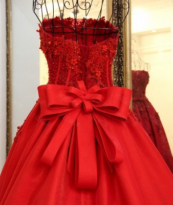 Strapless Bow A-Line Applique Ball Gown Tulle Sweep Train Prom Dresses_1