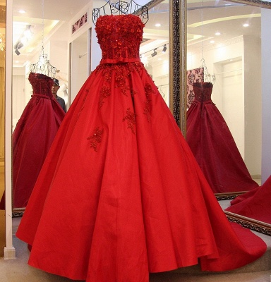 Strapless Bow A-Line Applique Ball Gown Tulle Sweep Train Prom Dresses_5