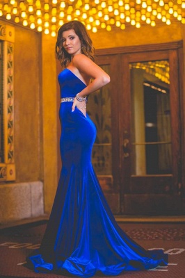 Backless Charming Mermaid Sweetheart Velvet Royal-Blue Crystals-Belt Prom Dress_2