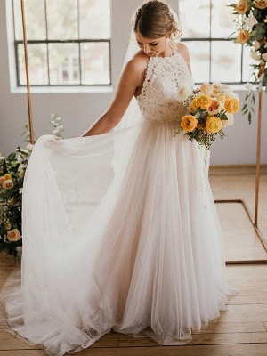 Sexy Lace Sleeveless Tulle Floor Length Bridal Gowns | Sexy Halter Wedding Dresses  Online_2