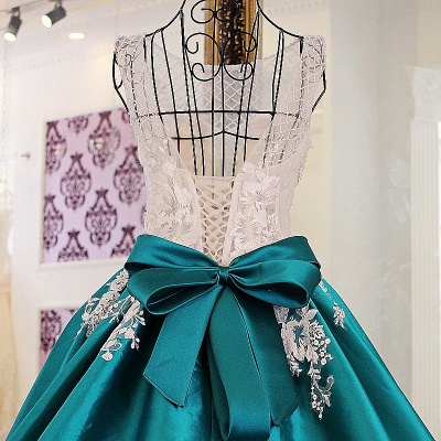 Bow Sleeveless Lace Court Train Applique Ball Gown Prom Dresses_4