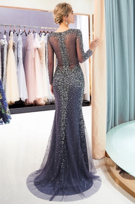 Long Sleeves Mermaid V-neck Sparkly Beading Evening Dresses_3