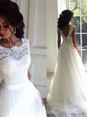 Sleeveless Sexy Wedding Dresses  Online | Ribbon Lace Tulle Sweep Train Bateau Bridal Gowns_1