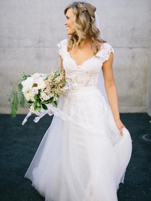 Lace Tulle Sexy V-neck Sleeveless  Floor Length Wedding Dresses_1