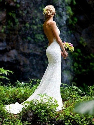 Court Train Close-fitting Spaghetti Straps Sexy Bridal Gowns | Cheap Lace Sleeveless V-neck Wedding Dresses_1