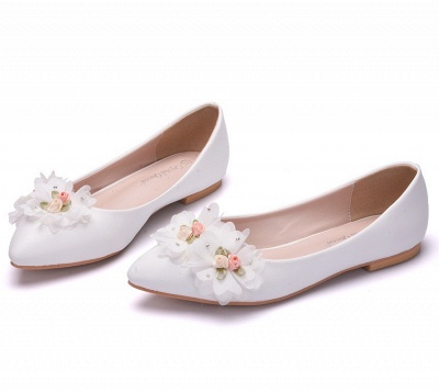 Fashion Pionted Toe PU Flat Wedding Shoes with Flowers_2