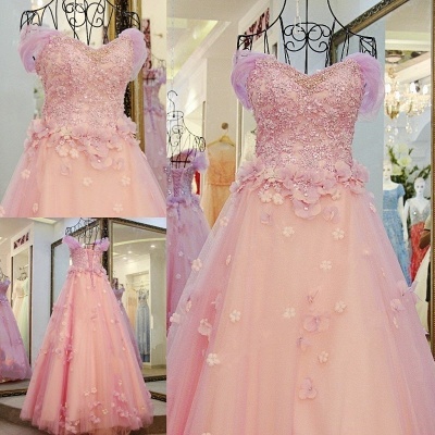 Ball Gown Tulle Off-The-Shoulder Floor-Length Applique Prom Dresses_3