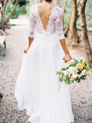 Lace Chiffon V-neck Floor Length Bridal Gowns  | Half Sleeve Appliques Sexy Wedding Dresses_3