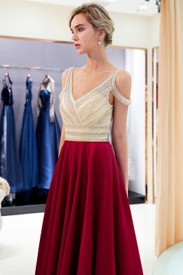 Burgundy A-line V-neck Sleeveless Crystal Beading Evening Dresses_4