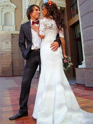 Half Sleeve Lace Off The Shoulder  Mermaid Sweep Train Wedding Dresses_4