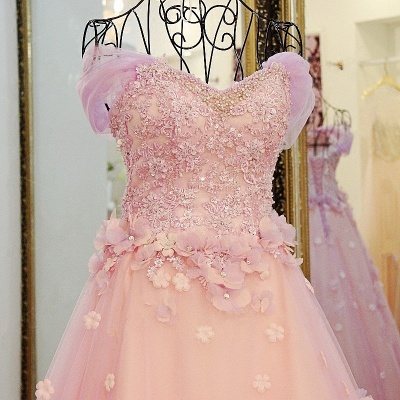 Ball Gown Tulle Off-The-Shoulder Floor-Length Applique Prom Dresses_4