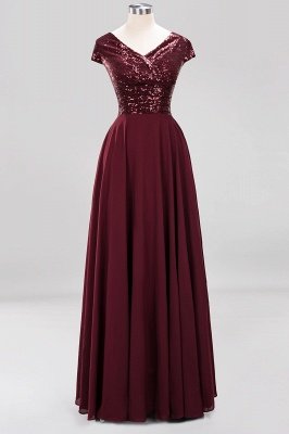 Elegant A-Line Burgundy Chiffon Sequined V-Neck Sleeveless Ruffles Floor-Length Bridesmaid Dresses_9