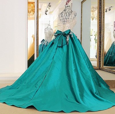 Bow Sleeveless Lace Court Train Applique Ball Gown Prom Dresses_3