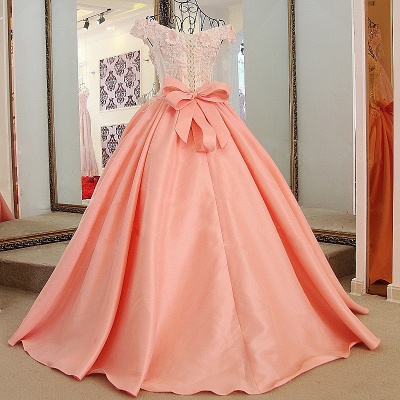 Lace Off-The-Shoulder Bow Ball Gown Sweep Train Prom Dresses_1