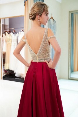 Burgundy A-line V-neck Sleeveless Crystal Beading Evening Dresses_7