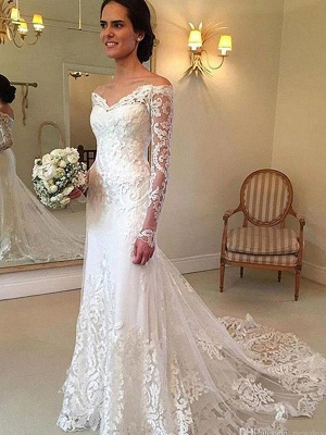 Court Train Applique Lace Mermaid Long Sleeves Off-the-Shoulder Wedding Dresses_3