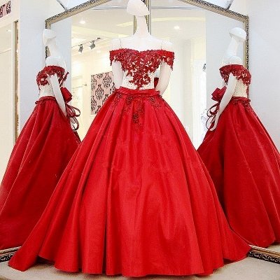 Sleeveless Chapel Train Ball Gown Applique Off-The-Shoulder Prom Dresses_1