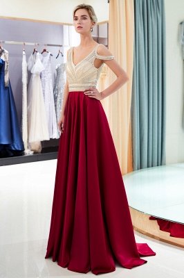 Burgundy A-line V-neck Sleeveless Crystal Beading Evening Dresses_8