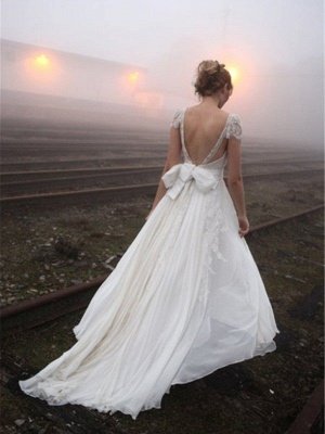 Chiffon Sexy Sleeveless V-neck Floor Length Lace Wedding Dresses_3
