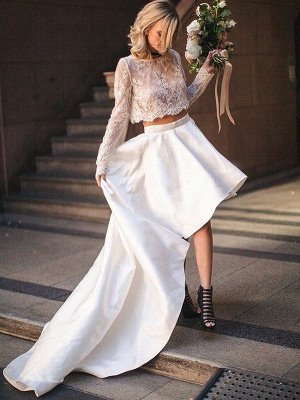 Two Piece Sexy Satin Long Sleeve Bridal Gowns |  Lace Scoop Sweep Train Wedding Dresses_1