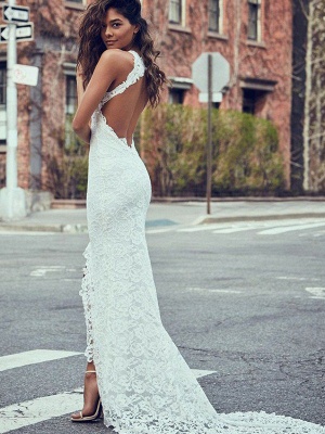 Lace Mermaid Cheap Bridal Gowns with Sweep Train | Sexy Sleeveless Halter Wedding Dresses_3