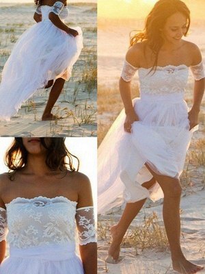 Sleeveless A-Line Floor Length Bridal Gowns Cheap | Sexy Off The Shoulder Lace Chiffon Wedding Dresses_3