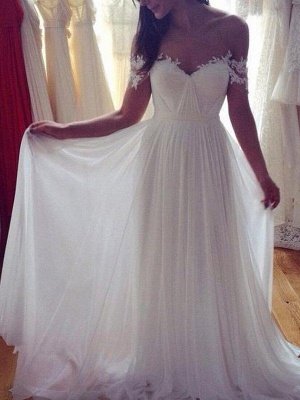 Sweep Train Sexy Chiffon Sleeveless Bridal Gowns | Appliques Lace Off The Shoulder Wedding Dresses_3