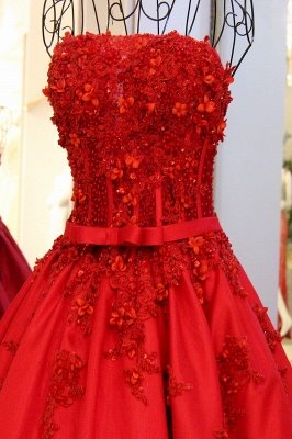 Strapless Bow A-Line Applique Ball Gown Tulle Sweep Train Prom Dresses_4