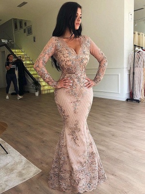 Sexy Mermaid V-neck Long Sleeves Appliqued Prom Dresses with Detachable Skirt_2