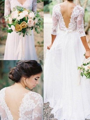 Lace Chiffon V-neck Floor Length Bridal Gowns  | Half Sleeve Appliques Sexy Wedding Dresses_1