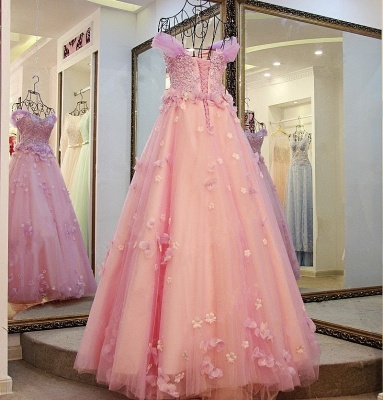 Ball Gown Tulle Off-The-Shoulder Floor-Length Applique Prom Dresses_1
