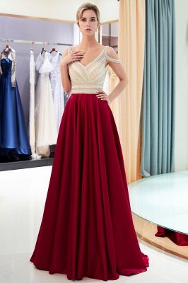 Burgundy A-line V-neck Sleeveless Crystal Beading Evening Dresses_5