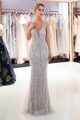 Deep V-neck Mermaid Sleeveless Tassel Beading Party Dresses_4