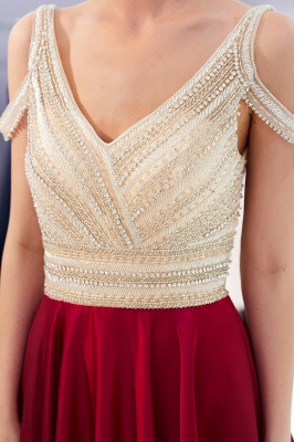 Burgundy A-line V-neck Sleeveless Crystal Beading Evening Dresses_9