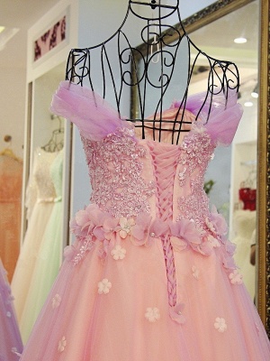 Ball Gown Tulle Off-The-Shoulder Floor-Length Applique Prom Dresses_5