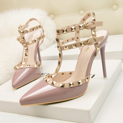 Fashion Pionted Toe High Heel Buckle Hollowout Wedding Shoes with Rivets_3