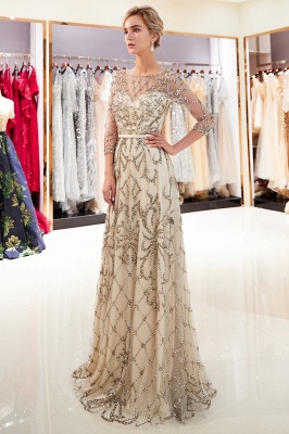 A-line Illusion Neckline Long Beading Evening Gowns with Sleeves_7