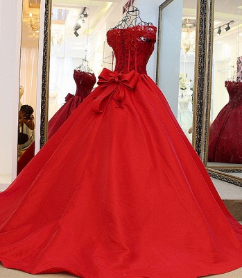 Red Off-the-shoulder Bow Lace-up V-neck Floor Length Evening gown with appliques_3