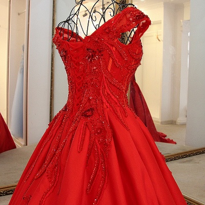 Elegant Red V-neck Lace-up Brush Train Appliques Prom Gown With Ruffle_6
