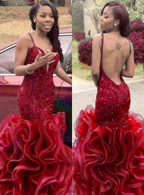 Spaghettis-Straps Mermaid Beading Open-Back Red Prom Dresses_2