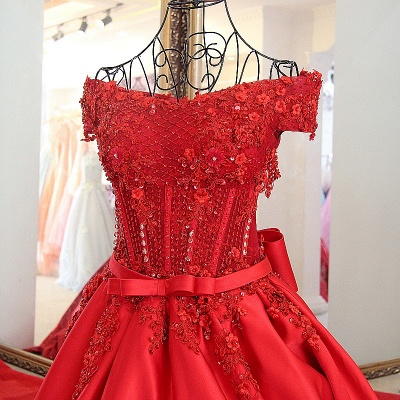 Modest Red Off-the-shoulder A Line Appliques Beadings Prom Dress With Belt_5