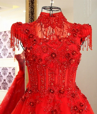 Classical Red A Line High Neck Lace-up Floor-Length Appliques Evening Dress_4