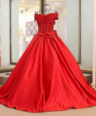 Modest Red Off-the-shoulder A Line Appliques Beadings Prom Dress With Belt_3